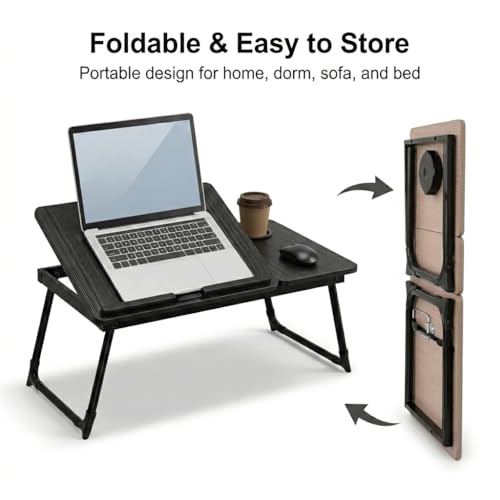 Foldable Laptop Desk for Bed Couch, Adjustable Lap Desk with Cup Holder, Portable Small Bed Tray Table for Laptop, Writing, Reading