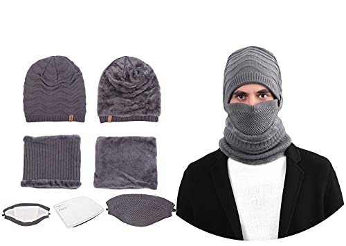 Winter Hat Outdoor Wind Proof 3pcs Unisex Knit Hat Skull Cap Knit Slouchy Beanie Wool Hat Ski Hat with Neck Warmer Scarf, Cloth Mask and Pocket Filter (Cap Grey)