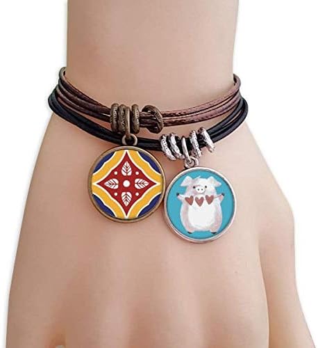 Talavera Style Decorative Pattern Bracelet Rope Wristband Pig Heart Love Set