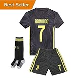 18-19 Season Juventus #7 Ronaldo Kids Youth Away Color Black Soccer Jersey & Shorts & Socks 7-8Years/Size 22