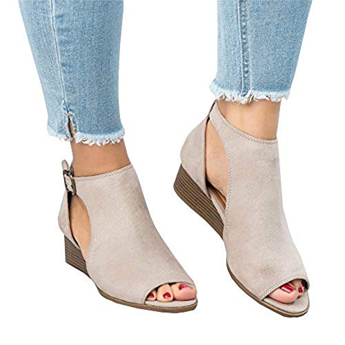 PiePieBuy Women's Cut Out Espadrille Platform Wedge Sandals Ankle Strap Peep Toe Suede Shoes