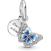 PANDORA Blue Butterfly &amp; Quote Double Dangle Charm | Sterling Silver, Cubic Zirconia &amp; Enamel, Jewelry for Women with Gift Box, Compatible with PANDORA Moments Bracelets