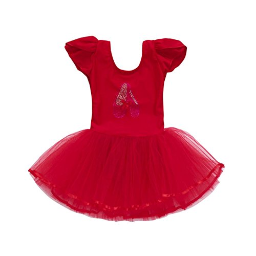 Toddler Girls Gauze Leotards Bodysuit Dancewear Dress Short Sleeve Ballet Skirts (Red, 24M)