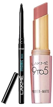 Lakme Eyeconic Kajal, Deep Black, 0.35g & Lakme 9 to 5 Primer and Matte Lip Color, Blushing Nude, 3.6g
