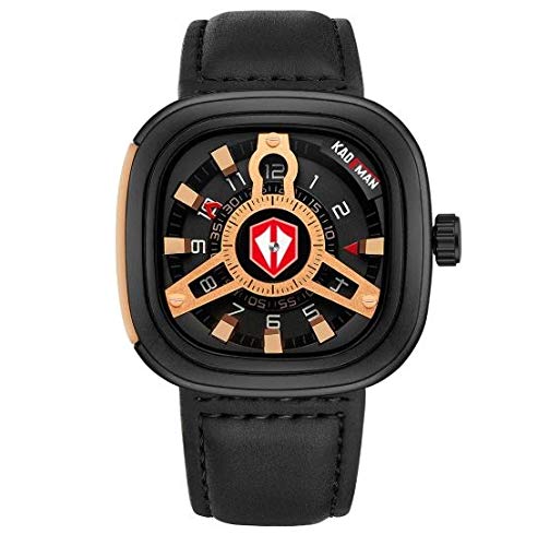 Kademan Black Business Casual Waterproof Leather Strap Square Dial with Unique Display and Rotating Logo Watch for Men and Boys