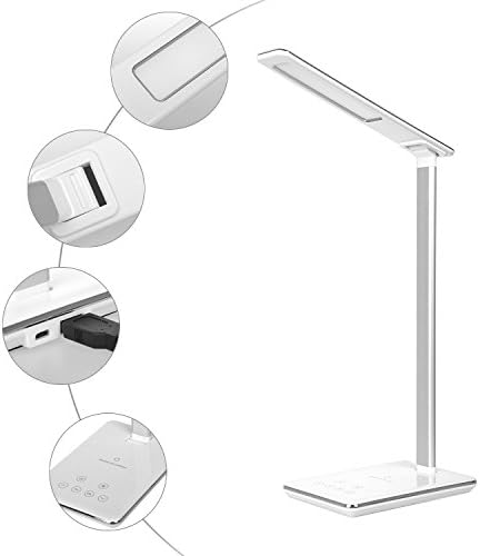 Omiky LED Desk Lamp with Touch Sensitive Control Panel Table Lamp with Wireless Charger and USB Charging Port for iPhone Smart Phone (Shipped with Charging Receiver), White