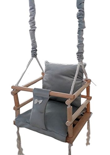 Iso Trade Babyschaukel Kinderschaukel Holz Stoff Babysitz Baby Schaukel zum Aufhängen 3 in 1 Rosa Grau 8336 , Farbe:Grau