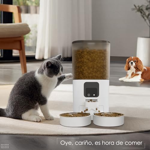 LOKOOY 7L Comedero Automático Para Gatos Con Doble Bol de Acero Inoxidable,Control APP, Comedero WiFi,Dispensador de Comida Para Perro y Gato Con Temporizador, Voz de 10 Segundos，Alimentador Para Gato