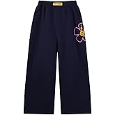 Girls Purple Black Uniform Pants - Stretchy School Pants for Girls, Playful Pink Floral Knit Fabric 6-16Y