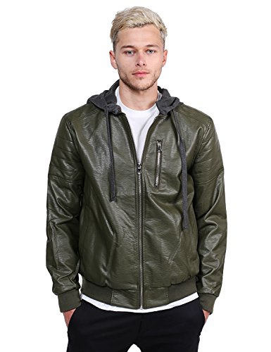 Youstar Leather Bomber Jacket With Detachable Hood Olive Size XL