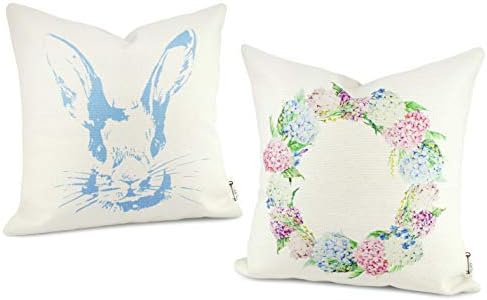 AuldHome Spring Throw Pillow Covers 16 x 16 (Set of 2), Vintage Bunny and Flower Farmhouse Style Cushion Covers for Spring Decor