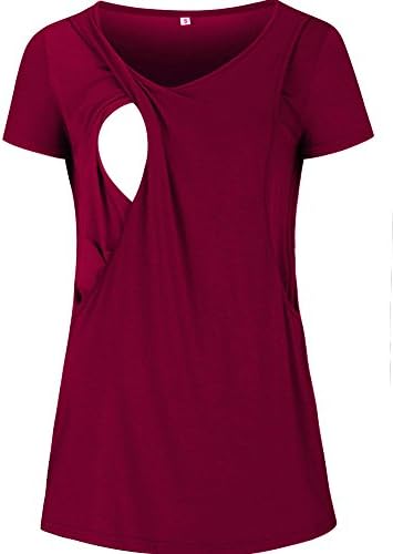 AnnAnn Womens Mama Gift Short Sleeve Maternity Layered Nursing Tops Crew Neck Breastfeeding Clothes Wine Red S