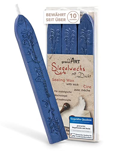 Gravurart flexible sealing wax, with a wick, in sapphire blue, 3 bars