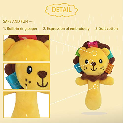 Soft Baby Rattle Toys for 0 3 6 9 Month Plush Lion Stuffed Animal Hand Rattles Squeaker Sticks for Toddlers Girls Boys