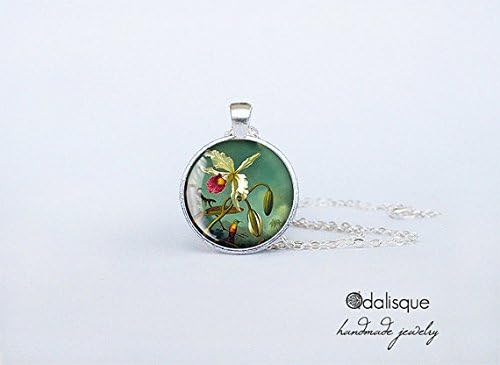Orchid and Hummingbird Necklace Vintage Illustration Pendant Tropical jewelry white orchid exotic keychain gift