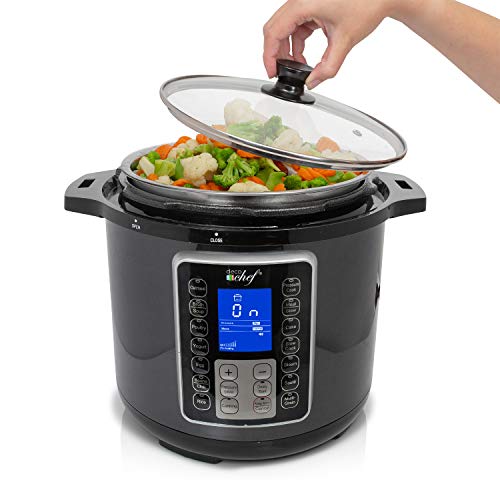 Deco Chef 8 QT 10-in-1 Pressure Cooker Instant Rice, Sauté, Slow Cook, Yogurt, Meats, Deserts, Soups, Stews Includes Recipe Book, Tempered Glass Lid, Mitts, Grill Rack, and Steaming Basket - Thumbnail 7