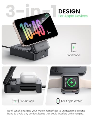 Lamicall 3 in 1 Charging Station for Apple - Foldable Wireless Charger Stand for Mag Safe Portable, Travel Wireless Charger Station for Multiple Devices