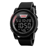 Men's Digital 50M Waterproof Electronic Unique Round Outdoor Sport Watch Sillicone Band Heavy Duty Army Military 24H Time LED Back Light 164FT Water Resistant Calendar Month Date Day - Black & Red