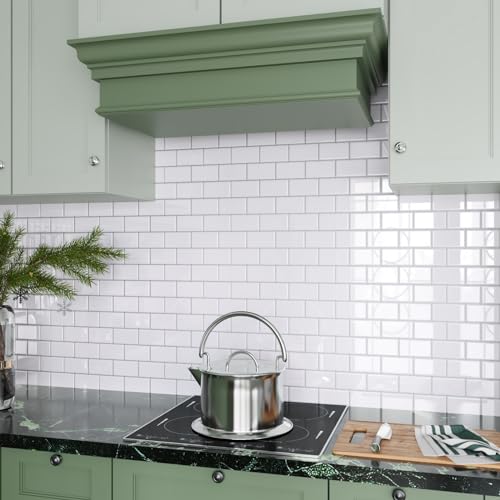 CRE8TIVE Peel and Stick Tile Backsplash 12x12 Inch - PU Gel Surface Ceramic Look Subway Tile, Self-Adhesive Removable PVC Tiles for Kitchen Backsplash, Bathroom, Laundry Room (4-Pack, Pure White)