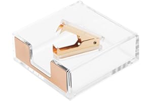 MEI YI TIAN Clear Acrylic Dark Gold Self-Stick Note Cube Holders | Staple Removers Set Desktop Copper Golden Memo Pad Dispenser 3.5x3.3 Inch | Staples Removal Tool for Office School Supplies (Dark Gold)