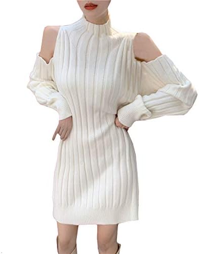 Amazon Co Jp ココアンドユカ 肩出し ニット タートルネック オープンショルダー セクシー ミニ ワンピース ロング チュニック リブニット レディース ホワイト M 服 ファッション小物