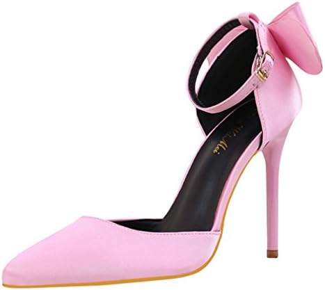 Xianshu Women's Bow Tie High Heel Shoes Satin Ankle Strap Pointes Toe Pumps Stiletto Court Shoes