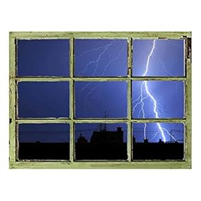 Window View Wall Mural - Lightning in Dark Night Sky - Vintage Style Wall Decor - Peel and Stick Adhesive Vinyl Material - 24x32 inches