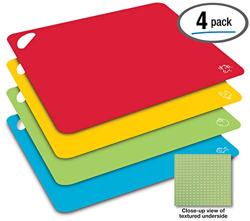 Flexible Plastic Cutting Board Mats, Heavy Duty Extra Thick 2mm, Set of 4, Color Coded with Food Icons, Textured Underside by Better Kitchen Products