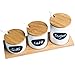 Ceramic Condiment Sugar Bowl Set with Lids and Spoons, Coffee Tea Jar Containers, Modern Kitchen Salt Spice Counter Canister Jars, Bamboo Serving Tray, Elegant Dip Sauce Ramekins - Great Gift Idea
