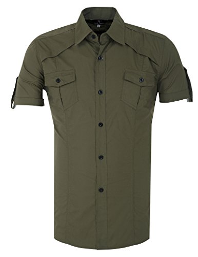 Smart Dress Shirts Men Casual Short Sleeve Buttons Up Army Green (L) KL-5 CL4404