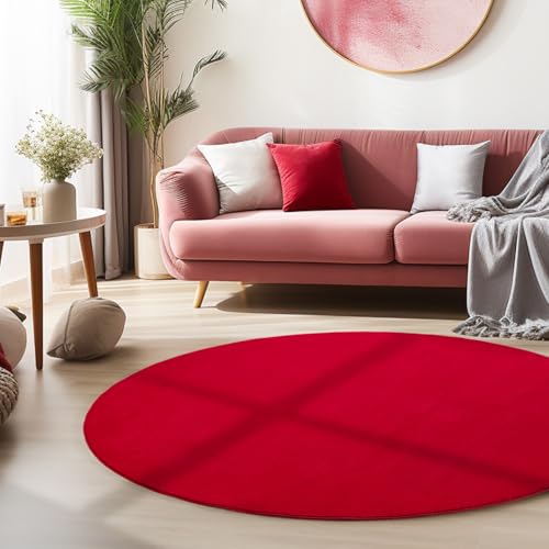 HomebyHome Teppich Wohnzimmer 200 cm Rund Rot Waschbarer Kurzflor Teppiche Einfarbig Moderne Design - Küchenteppich Waschbar Extra Weich Flauschigfür