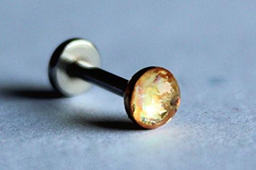 18g or 16g: Opalescent Light Bright Orange Internally Threaded Labret: 1.5mm, 2mm, 2.5mm, 3mm, 4mm, 5mm Gem Sizes; 5/32" (4mm), 1/4" (6mm), 5/16" (8mm), 3/8" (10mm), 15/32" (12mm); 316L Surgical Steel