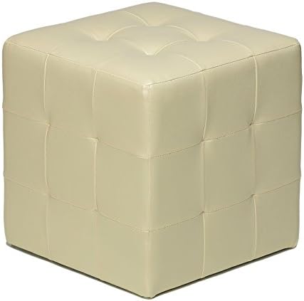 Ottoman Faux Leather Cube with Sturdy Round Plastic Legs (Ivory)