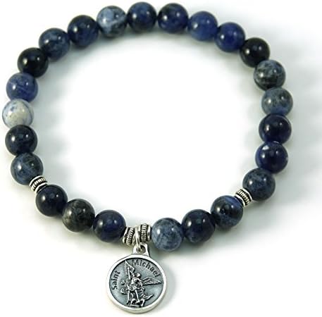 Men Christian Bracelet Saint Michael Sodalite Gemstone Stretch Bracelet 7.5"