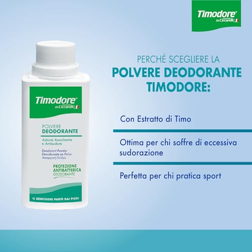 Timodore, Deodorant Powder, Absorbent and Anti-Sweat Action, Ideal Response to the Problem of Excessive Sweating, Antibacterial Protection, 100% Made in Italy, Dermatologically Tested, 75 g