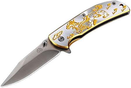 SmartVR Outdoor Camping Folding Knife With Engraved Golden Dragon and Cloud, Pocket Knife Made of High-Carbon Steel Durable and Pratical
