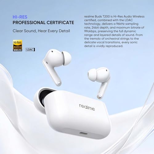realme Buds T200 Auriculares Inalámbricos con 32dB ANC, 50H de Batería, Auriculares Bluetooth TWS In-Ear con 12,4 mm Hi-Res Audio Controlador y 3D Audio Espacial, IP55 Audífonos, Blanco