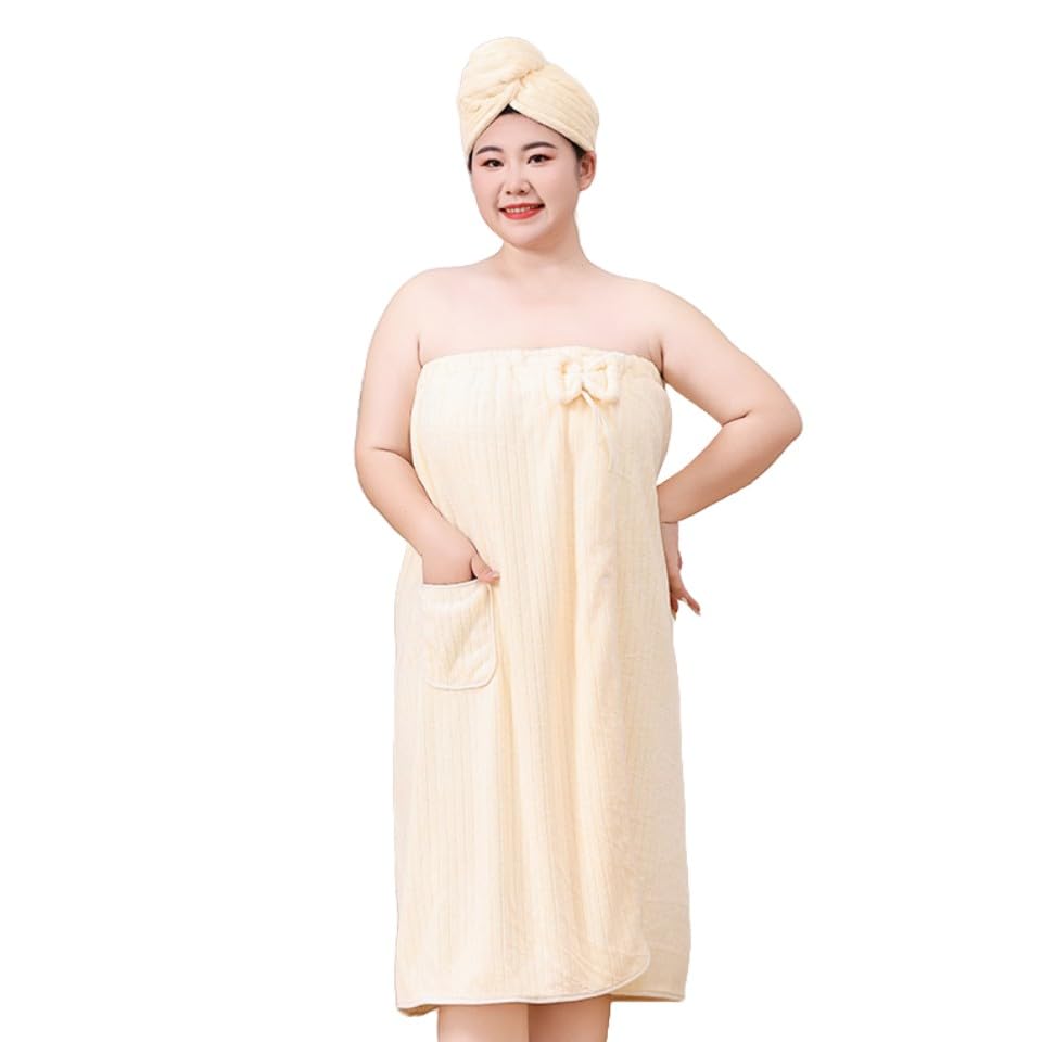 Photo 1 of FAOLONE Women's Plus Size Shower Wrap Robe With Hair Dryer,2PCS Sets Oversized Thickening Coral Velvet Bathing Skirt Wrap (XXL-XXXXL,Light Yellow)