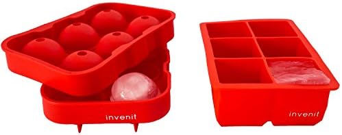 Silicone Ice Cube Trays Bundle Set of 2, Large Sphere Ice Mold &amp; Large Ice Cube Mold, Ice Tray Set for Cocktail, Whisky, Bourbon, Beverages, Reusable and BPA Free - By Invenit