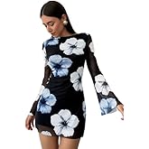 SKAYS Women's Fall Mini Long Mesh Sexy Sleeve Dress Backless Bodycon Party Short Dress