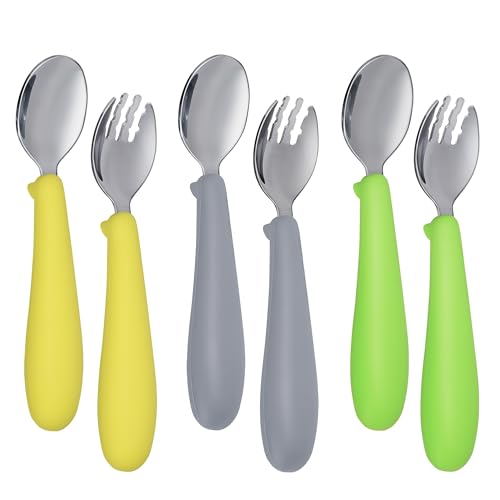 Photo 1 of Toddler Utensils with Silicone Handle,6 pcs Kids Silverware Set,Baby Forks and Spoons for Self-Feeding,Green Yellow Gray