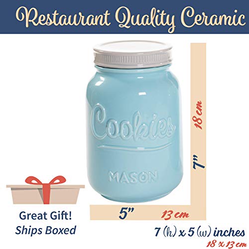 Mason Cookie Jar With Lid - Large Airtight Ceramic Kitchen Canister - Vintage Farmhouse Storage Jars with Lids - Rustic Decorative Air Tight Container For Cookies, Cracker, and Other Snacks (Blue)