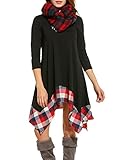 ACEVOG Women's Tunic Swing T-Shirt Dress 3/4 Sleeve Plaid High Low Hem Tunic Dress Black L