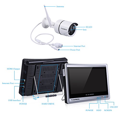FLOUREON All in One 4CH 1080P Wireless Security Camera System with 12" LCD Monitor NVR Recorder Kit with 4X HD 1080P IP66 Indoor Outdoor IP Cameras, Night Vision, Motion Detection, Easy Remote Access
