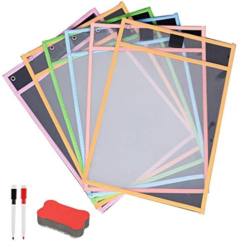 Easy Writing Tool A4 Reusable Dry Erase Pockets Hard 4 Sheet Protectors, 1 Shape Eraser, 2 Erase Pens for School Office Classroom Yellow