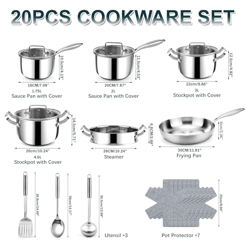 Fruikit 20P Stainless Steel Pots and Pans Set -3 Ply 30 cm Frying pan - 18/20 cm Saucepans & 22/26 cm Casserole, Non Stick Induction Hob Cookware Set