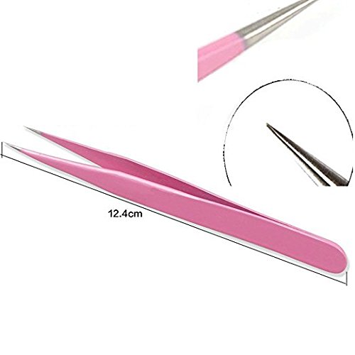 VNDEFUL 2 Pcs Pink Stainless Steel Tweezers for Eyelash Extensions, Straight and Curved Tip Tweezers Nippers, False Lash Application Tools