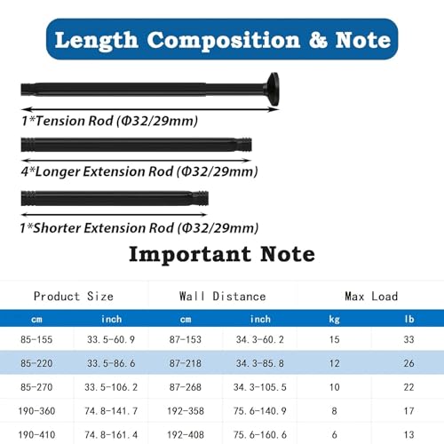 Shower Rail, No Drilling, Extendable Curtain Rod for Clamping, Telescopic Rod, Curtain, Shower Curtain Rail for Bathroom, Bedroom, Black (85-220 cm, Diameter 32 mm)