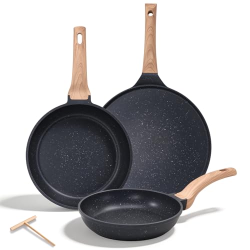 OSLIFE Juego de Sartenes Antiadherentes Granito, 3 Piezas: Sartén Pequeño 21 cm, Sartén Grande 25 cm y Sartén para Crepas 30 cm, Saludable, Apto para Gas, Inducción y Eléctrica, crepera，Libre de PFOA