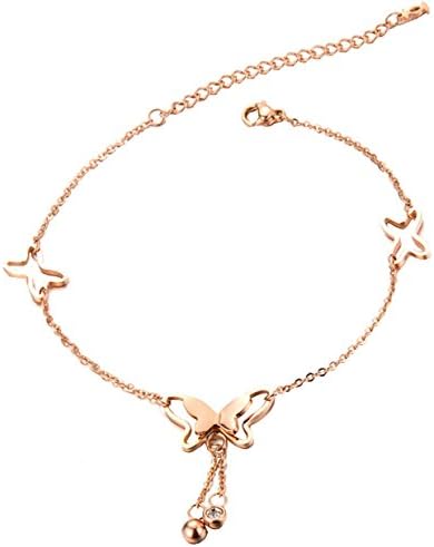 Tupai Womens Girls Stainless Steel Butterfly Anklet with Drop Tassel, Gold Silver Rose Gold Color (Rose Gold)